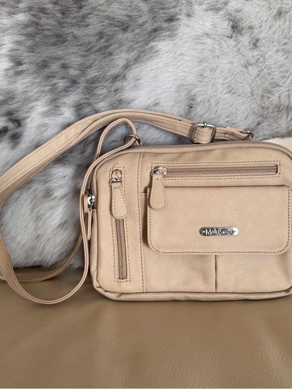 MultiSac Zippy Triple Compartment Nude Beige Tan Adjustable Crossbody Bag